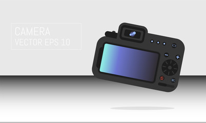 Realistic professional camera with button and display. Vector illustration.