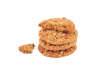 Handmade oat cookies with sesame and different seeds, isolated