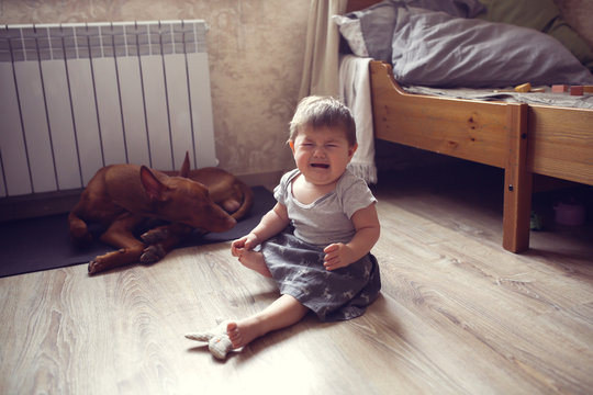 baby is alone with dog at home, sitting on floor