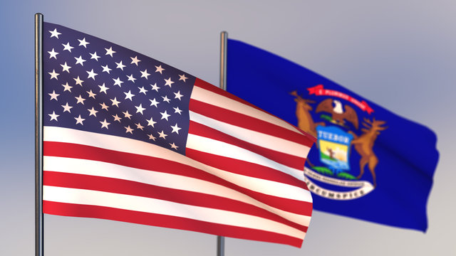 Michigan 3D flag waving in wind.