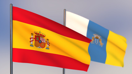 Canary Islands 3D flag waving in wind.