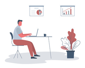 Office worker in the workplace. Business icon. Young man is sitting at the desk in the office room. There is a laptop, a cup, diagrams and a flower in the picture. Funky flat style. Vector