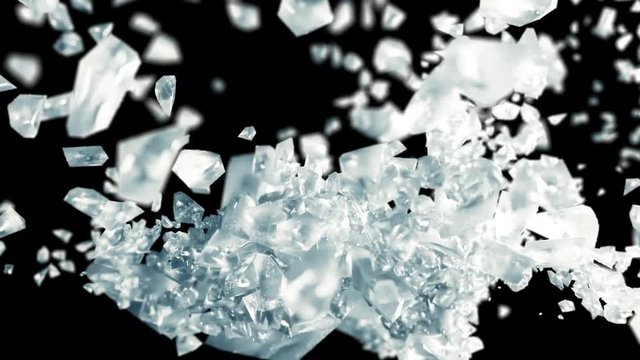 Ice cube explosion in slow motion cg 3d animation on black isolated background with alpha matte