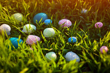 Happy Easter. Easter eggs hidden in spring grass.
