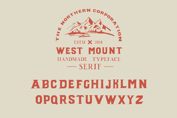 West mount. North. Original. Handmade typeface. Serif font. Color. Authentic typeface. Red. Logo. Style.