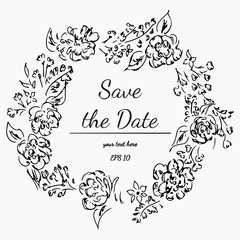 Wreath of flowers on a white background. Hand drawn vector illustration. Save the date.