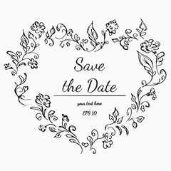 Wreath of flowers on a white background. Hand drawn vector illustration. Save the date.