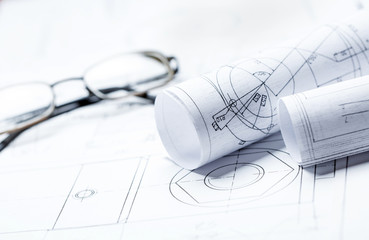 Details of the industrial drawing on the background of the glasses