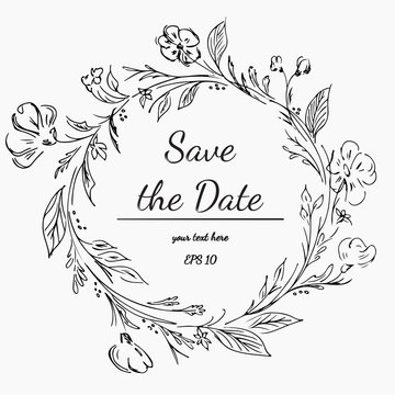 Wreath of flowers on a white background. Hand drawn vector illustration. Save the date.