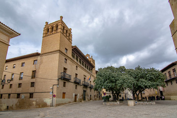 the facade of the town hall and cathedral square in Huesca