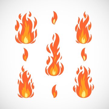 Vector set of fire flames. Cartoon flat bonfires collection.