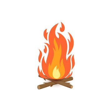 Vector cartoon illustration of burning bonfire with wood. Fire wood and campfire icon isolated on white background for web, print, decoration, bonfire night. 