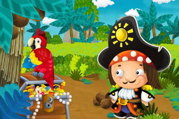 cartoon scene with pirate and treasure and parrot in the jungle - illustration for children
