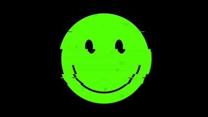 Fototapeta premium A smile icon representing a funny green happy smiling face, but with a heavy digital distortion glitch effect. Disquieting, unsettling symbol. Regular size.