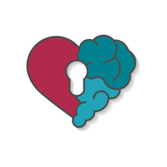 Emotional brain lock security. Broken Heart and Brain with key hall vector flat modern icon logo vector design. Interaction between soul key for intelligence, emotions, loneliness, divorce