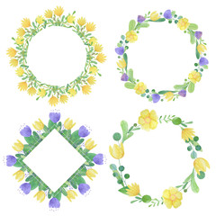 set of hand-drawn watercolor frames of stylized flowers