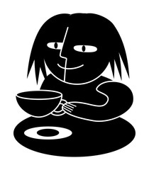 Woman with a cup of coffee or tea. Cartoon funny drawing. Vector graphics black and white.