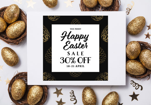 Easter Sale Banner with Gold Patterned Eggs