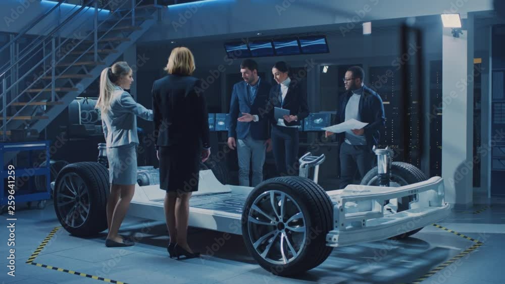 Poster diverse team of automobile design engineers introducing futuristic autonomous electric car platform 