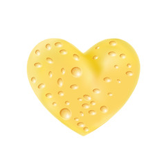 Realistic Valentines heart made of cheese. Holes small bubbles. Yellow delicious shape love. Clean beautiful design. Vector illustration EPS 10 on light background. Stylish for graphic and web design
