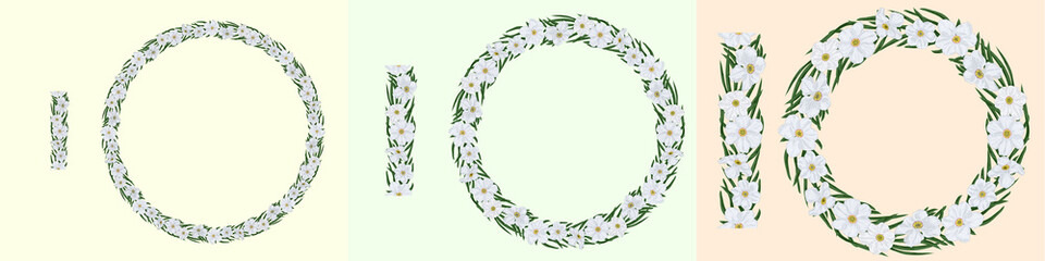 Seamless patterned brush of white narcissus flowers and green leaves. Wreaths from this brush of different size on a colored background. Element for botanical ornament.