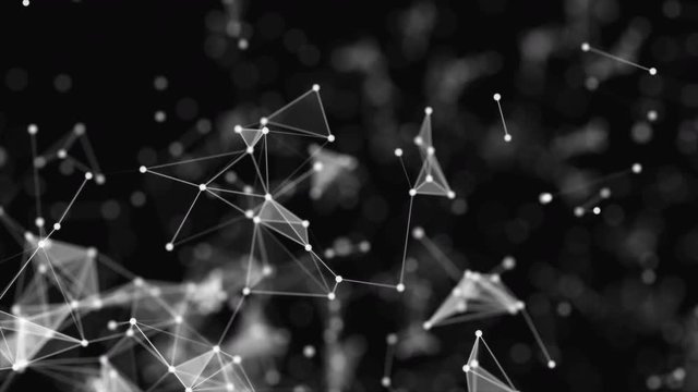 Abstract background, full of white dots, which are connected with white straight lines, on black brurred backdrop. Animation. Zooming composition. Shapes are moving slowly. 4K. Bokeh.
