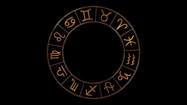 Loop spinning golden zodiac wheel with 13 zodiac symbols including Ophiuchus