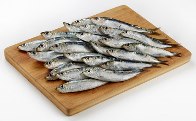 Fresh raw sardines on wooden cutting board