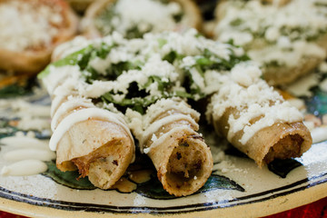 tacos dorados, flautas de pollo, chicken tacos and spicy Salsa Homemade Mexican food in mexico