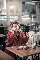 Pretty blonde woman spending weekend with pleasure