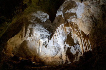 View of stalactites in Ruakuri Cave in Waitomo in New Zealand