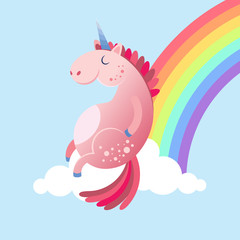 A pink unicorn is resting on a soft cloud
