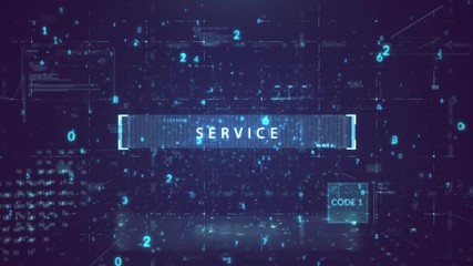 The animated inscription "SERVICE” typing writing on digital dark violate background. Futuristic information technology concept. Digitalization of Information Flow Moving Through IT digital