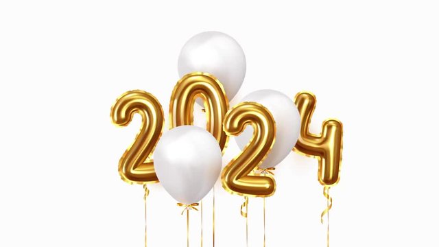 Baloon air numbers. 2024 Happy New Year golden balloons. White ballons on ribbon. Festive objects