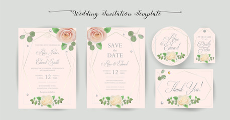 Floral Wedding Invitation elegant invite, thank you, rsvp, Save the Date, Bridal Shower card trendy Design garden flower pink peach Rose green Eucalyptus leaf greenery bouquet gold geometric frame