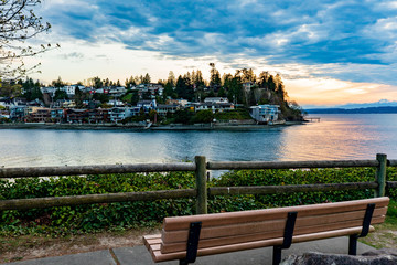 Bench facing Magnolia across Puget Sound at Sunset, Seattle Washington
