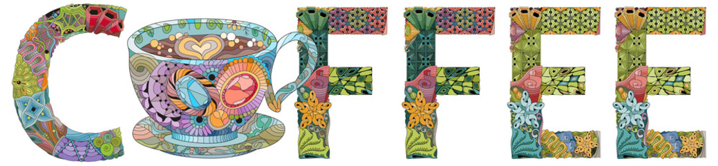 Word COFFEE with cup silhouette. Vector decorative zentangle object for decoration