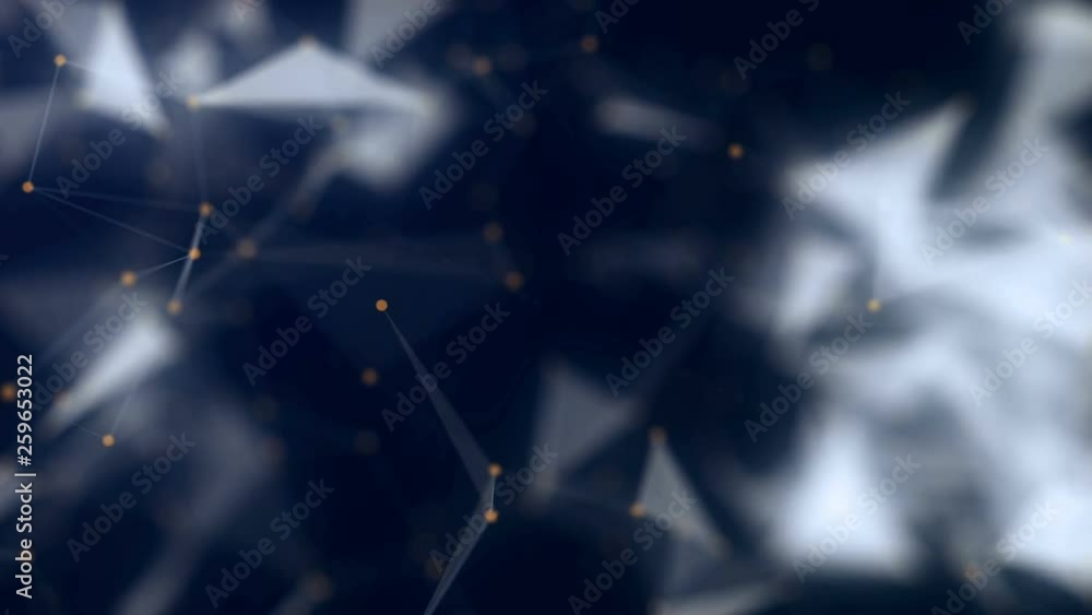 Poster shapes, dots and lines are connectied with shine on blurred forefront. animation. zooming compositio