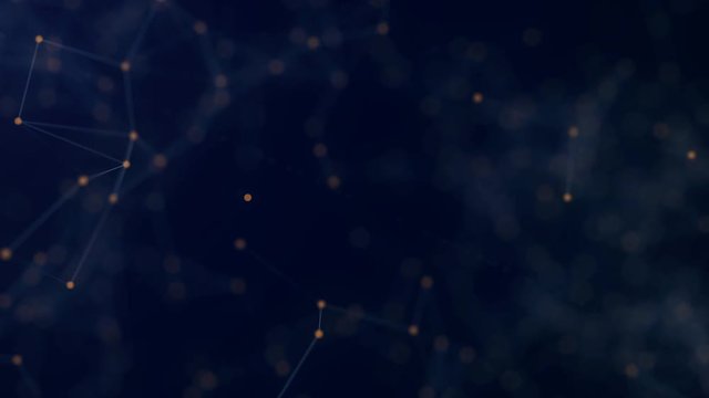 Shapes, dots and lines are connectied with shine on blurred background. Animation. Zooming composition. Shapes are moving slowly. 4K.