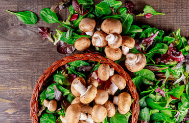 Basket salad with mushrooms, on rusty old background