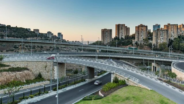 Roads interchange day to night timelapse hifa, Israel