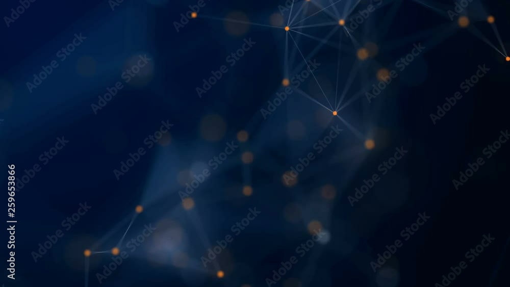 Poster shapes, dots and lines are connectied with shine on blurred deep blue background. animation. zooming