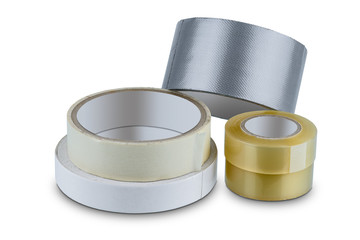 office stationary Roll of Glue tape, masking tape, Double-sided adhesive, Cloth tape and scotch tape isolated on white background