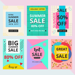 Set of summer sale banner with Memphis style. Used for greeting cards, stickers, planner, diary, Notes, Invitations. 80-90s fashion style