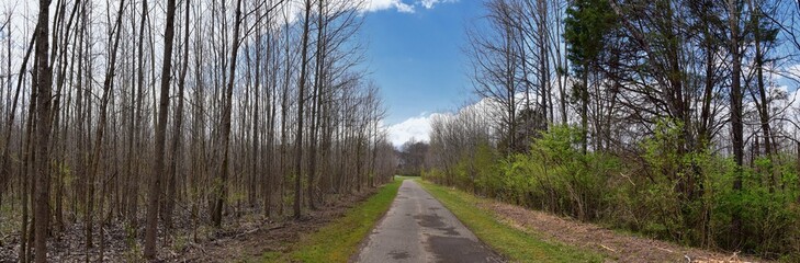 Views of Nature and Pathways along the Shelby Bottoms Greenway and Natural Area Cumberland River frontage trails, bottomland hardwood forests, open fields, wetlands, and streams, Nashville, Tennessee.