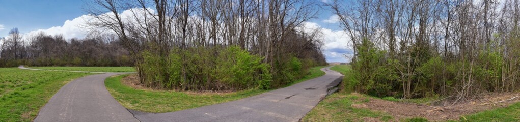 Views of Nature and Pathways along the Shelby Bottoms Greenway and Natural Area Cumberland River frontage trails, bottomland hardwood forests, open fields, wetlands, and streams, Nashville, Tennessee.