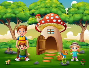 Happy family on the fantasy house of mushroom
