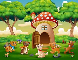 Cartoon many dog near the red mushroom house