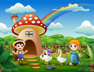 Obraz na płótnie Canvas Young farmers with animals on the mushroom house