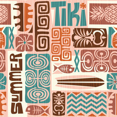 Motif Tiki Exotique Sans Couture. Utiliser pour le papier peint, les motifs de tissu, les arrière-plans. Illustration vectorielle